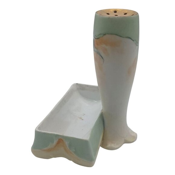 Rare Bavarian Porcelain Hat Pin Holder With Attached Trinket Dish Green & Yellow - Picture 13 of 14